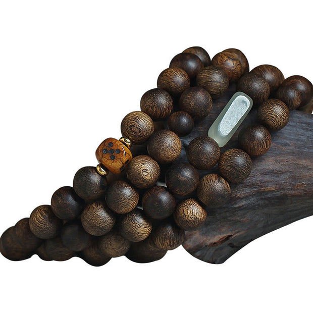 Buddha Stones 108 Mala Beads Brunei Agarwood Hetian Jade Yak Bone Strength Balance Bracelet Mala Bracelet BS 19
