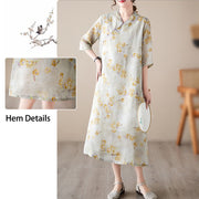 Buddha Stones Yellow Flowers Print Cheongsam Midi Dress Cotton Linen Half Sleeve Dress With Pockets