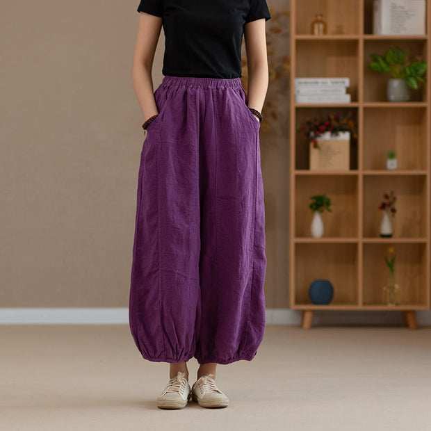 Buddha Stones Ramie Linen Flexible Waistband Yoga Harem Pants With Pockets Harem Pants BS 6