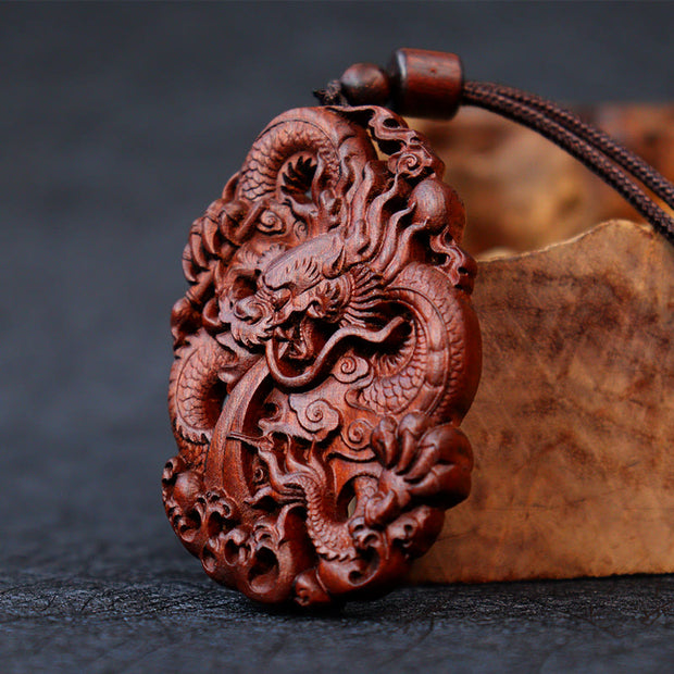 Buddha Stones Lightning Struck Jujube Wood Double Dragon Relief Ward Off Evil Spirits Necklace Pendant Necklaces & Pendants BS 2