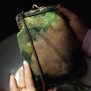 Buddha Stones Small Green Peony Butterfly Metal Chain Crossbody Bag Shoulder Bag Cellphone Bag