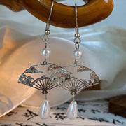 Buddha Stones Copper Fan Auspicious Clouds Pearl Healing Drop Earrings 4