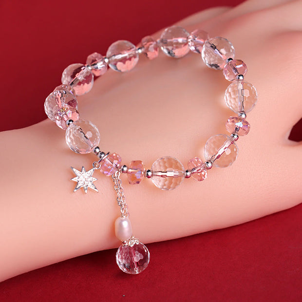 Buddha Stones White Crystal Pink Crystal Protection Star Charm Bracelet 10