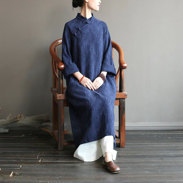 Buddha Stones Flower Jacquard Midi Dress Long Sleeve Cotton Linen Dress Wide Leg Pants With Pockets 5