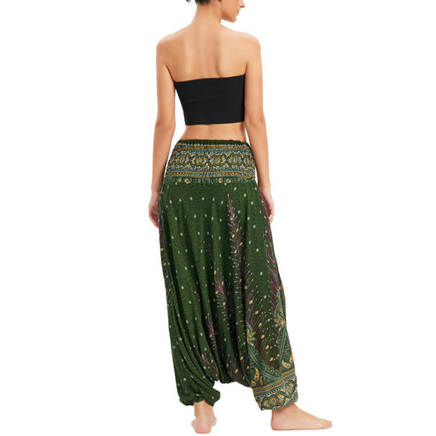 Buddha Stones Two Style Wear Peacock Feather Loose Smocked Harem Trousers Jumpsuit High Waist Pants