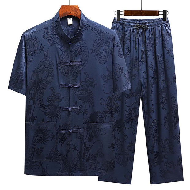 Buddha Stones Dragon Pattern Tang Suit Hanfu Traditional Uniform Short Sleeve Top Pants Clothing Men's Set Men's Meditation Cloth BS Navy Blue(Top&Pants) 4XL(Bust 128cm/Waist 73-115cm/Pants Length 104cm)