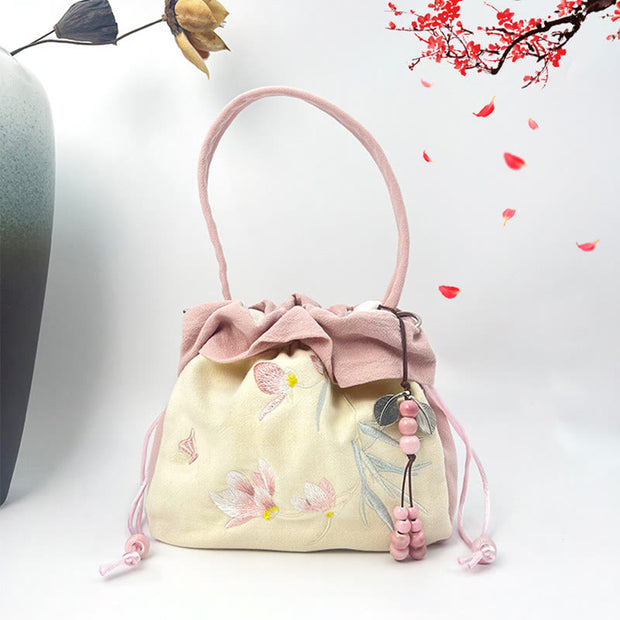 Buddha Stones Suzhou Embroidery Lotus Epiphyllum Magnolia Cotton Linen Tote Crossbody Bag Shoulder Bag Handbag 26