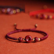 Buddha Stones Handmade Cinnabar Peace Buckle Lotus Calm Blessing Braided Rope Bracelet Bracelet BS Dark Red Rope(Wrist Circumference 14-21cm)