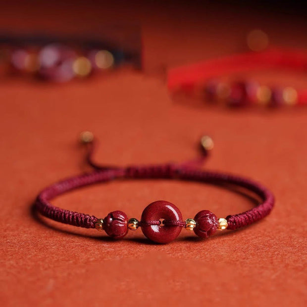 Buddha Stones Handmade Cinnabar Peace Buckle Lotus Calm Blessing Braided Rope Bracelet Bracelet BS Dark Red Rope(Wrist Circumference 14-21cm)