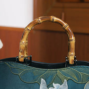 Buddha Stones Lotus Embroidery Bamboo Handle Handbag Handbags BS 3