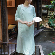 Buddha Stones Flower Jacquard Half Sleeve Chinese Cheongsam Midi Dress With Pockets