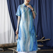 Buddha Stones Ramie Blue Digital Printing Cheongsam Dresses Short Sleeve Linen Dress 1