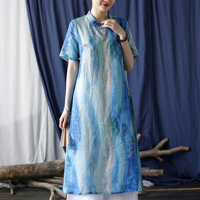 Buddha Stones Ramie Blue Digital Printing Cheongsam Dresses Short Sleeve Linen Dress 1
