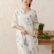Buddha Stones Vintage Flowers Half Sleeve Ramie Linen Chinese Style Cheongsam Midi Dress With Pockets