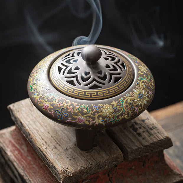 Buddha Stones Tibetan Floral Pattern Ceramic Blessing Incense Burner Decoration (Extra 35% Off | USE CODE: FS35) - Brown 11.8*11.8*8.5cm - image 13