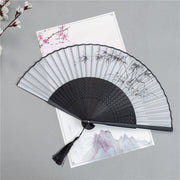 Buddha Stones Mountains Plum Blossom Lotus Magpie Bamboo Leaves Handheld Silk Bamboo Folding Fan 22.5cm 12