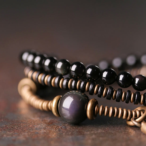Buddha Stones Rainbow Obsidian Ebony Wood Copper Healing Triple Wrap Bracelet