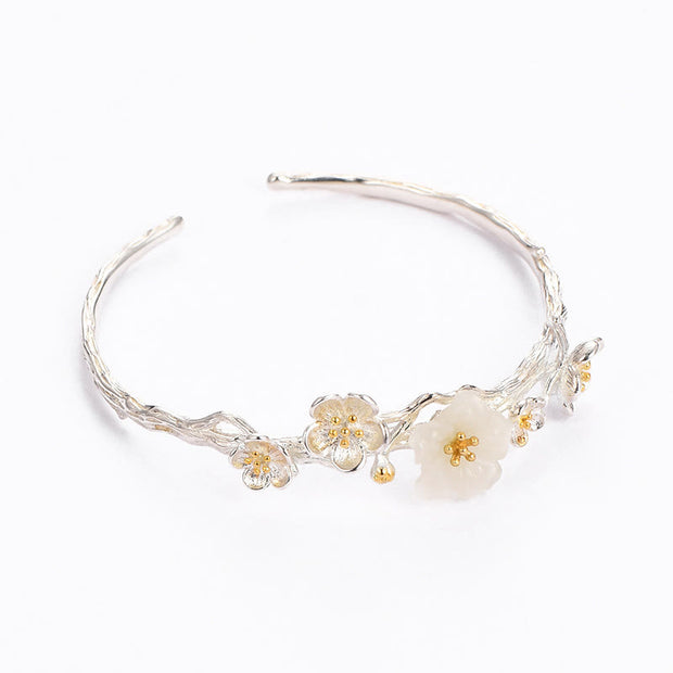 Buddha Stones 925 Sterling Silver Natural Hetian White Jade Peach Blossom Luck Necklace Pendant Bracelet Bangle Ring Earrings Set