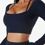 Buddha Stones Ribbed Long Sleeve Crop Top T-shirt Shorts Sports Fitness Gym Yoga Outfits 2-Piece Outfit BS Dark Blue Top XL
