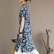 Buddha Stones Blue White Flower Frog-button Cheongsam Dresses Short Sleeve Linen Dresses With Pockets
