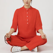 Buddha Stones 2Pcs Buttons Three Quarter Sleeve Shirt Top Pants Meditation Zen Tai Chi Cotton Linen Clothing Women's Set Women's Meditation Cloth BS 11