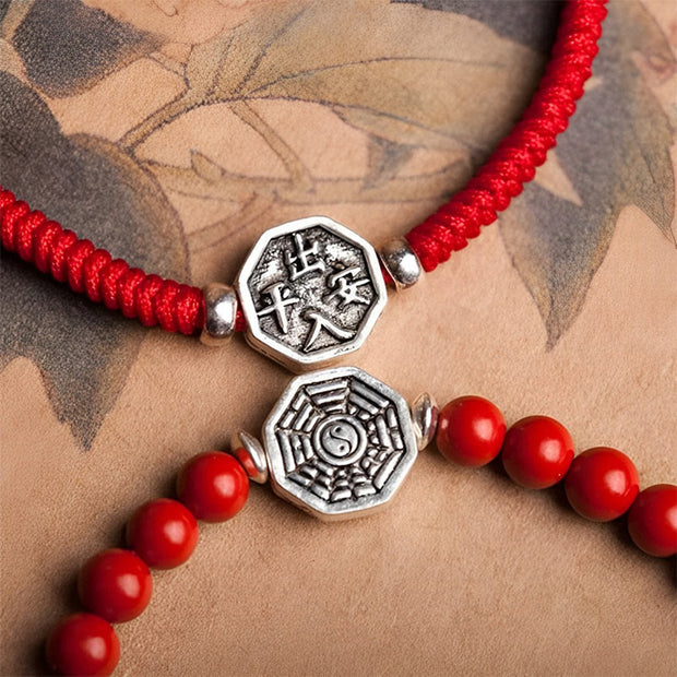 Buddha Stones 925 Sterling Silver Yin Yang Bagua Symbol Cinnabar String Concentration Bracelet Bracelet BS 4