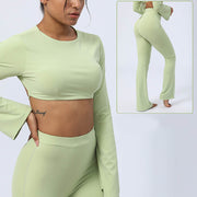 Buddha Stones Long Sleeve Backless Strap Top Bra Flare Pants Fitness Yoga Outfit