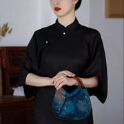 Buddha Stones Handmade Jacquard Flower Blue Wooden Handle Handbag 14