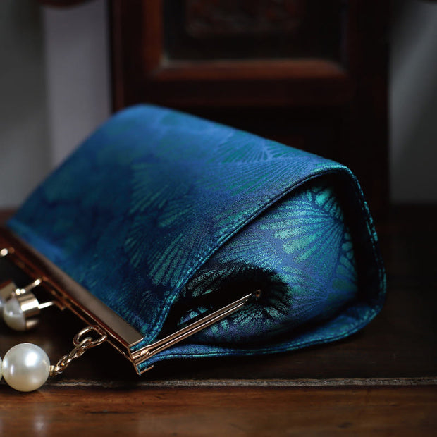 Buddha Stones Vintage Peacock Blue Leaf Pattern Pearl Metal Handbag