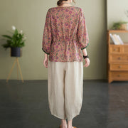 Buddha Stones Plus Size 2Pcs Small Flower Tee T-shirt Cotton Linen Harem Pants Set
