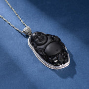 Buddha Stones Laughing Buddha 925 Sterling Silver Black Obsidian Strength Necklace Pendant
