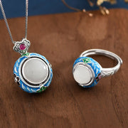 Buddha Stones 925 Sterling Silver Blue Enamel Round Hetian Jade Luck Necklace Pendant Ring Set