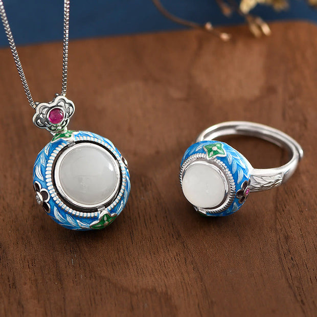 Buddha Stones 925 Sterling Silver Blue Enamel Round Hetian Jade Luck Necklace Pendant Ring Set Bracelet Necklaces & Pendants BS 2Pcs(Necklace&Ring)