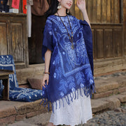 Buddha Stones Blue Tie Dye Koi Fish Shawl Tassels Soft Travel Pullover 90*95cm 3