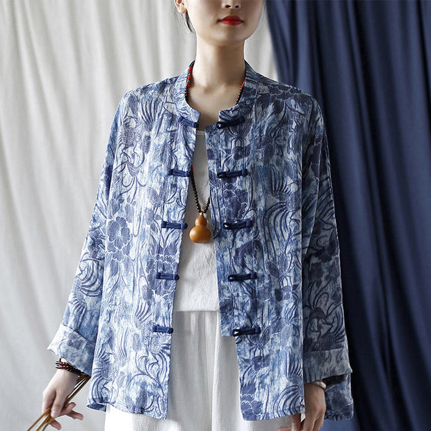 Buddha Stones Retro Blue White Flowers Frog-Button Design Long Sleeve Ramie Linen Jacket Shirt