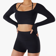 Buddha Stones Ribbed Long Sleeve Crop Top T-shirt Shorts Sports Fitness Gym Yoga Outfits 2-Piece Outfit BS 12