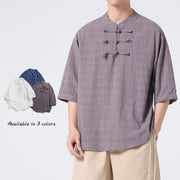 Buddha Stones Frog-Button Plaid Pattern Chinese Tang Suit Half Sleeve Shirt Cotton Linen Men Clothing Men's Shirts BS 13