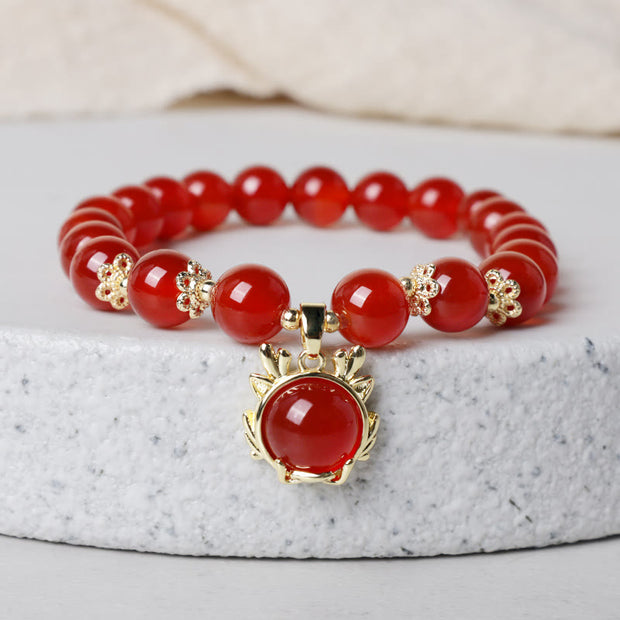 Buddha Stones Year of the Dragon Red Agate Jade Peace Buckle Fu Character Success Bracelet Bracelet BS Red Agate Dragon(Wrist Circumference 14-16cm)
