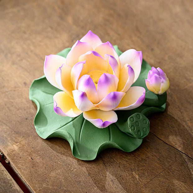 Buddha Stones Lotus Flower Leaf Pod Spiritual Healing Ceramic Stick Incense Burner Decoration Incense Burner BS Lotus Purple Edge 10.5*4.7cm