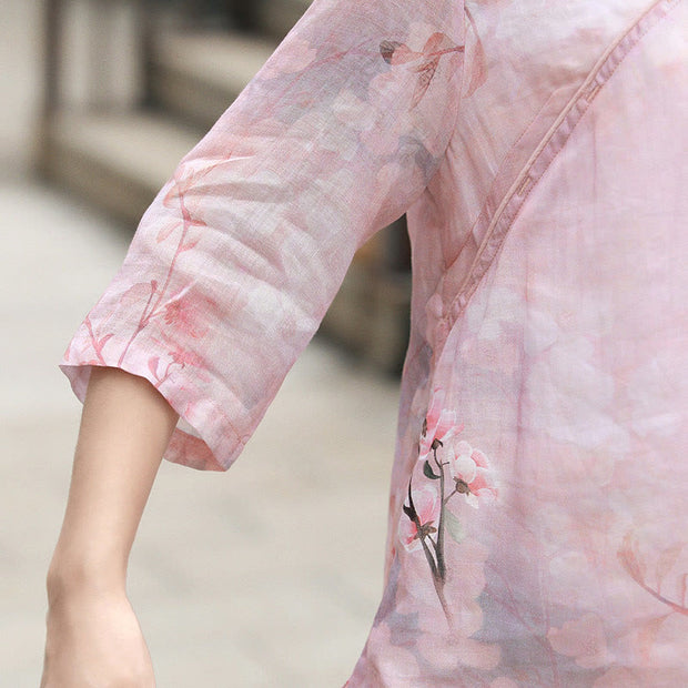 Buddha Stones V-Necck Pink Flower Pattern Ramie Linen Blouse Three Quarter Sleeve Shirt Top