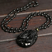 Buddha Stones Black Obsidian Koi Fish Bead Rope Fulfilment Strength Necklace Pendant Necklaces & Pendants BS 3