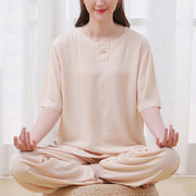 Buddha Stones 2Pcs Half Sleeve T-Shirt Pants Meditation Zen Tai Chi Cotton Linen Clothing Unisex Set 1