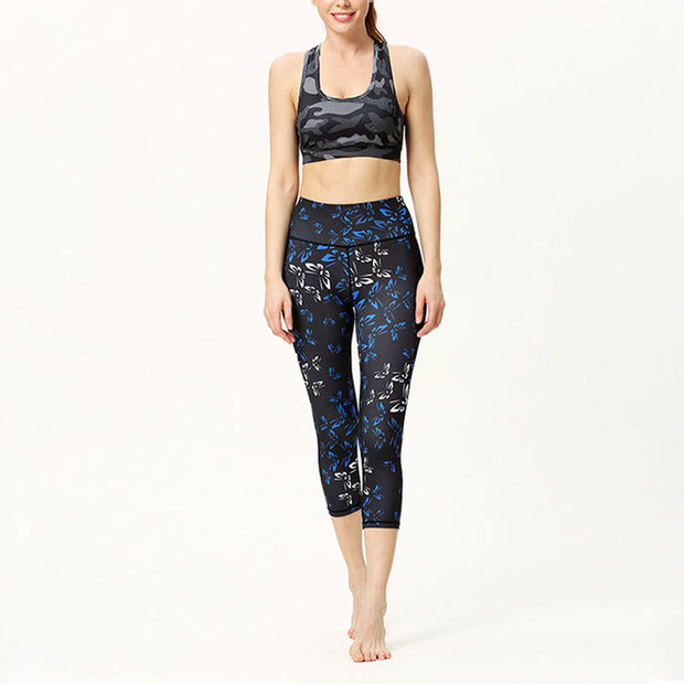 Buddha Stones Leaves Butterfly Print Sports Yoga Cropped Leggings Women's Yoga Capri Pants Women's Capri Pants BS 5