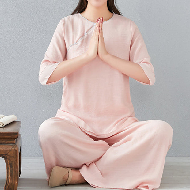Buddha Stones 2Pcs Three Quarter Sleeve Long Sleeve Shirt Wide Leg Pants Meditation Cotton Linen Clothing Women's Set