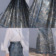 Buddha Stones Chinese Hanfu Blue Patio Plum Blossoms Printed Horse Face Skirt Mamianqun