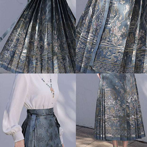 Buddha Stones Chinese Hanfu Blue Patio Plum Blossoms Printed Horse Face Skirt Mamianqun 11