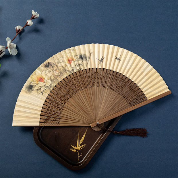 Buddha Stones Lotus Dragonfly Wild Geese Plum Blossom Handheld Silk Bamboo Folding Fan 22.5cm 2