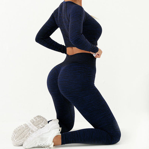 Buddha Stones 2Pcs Simple Print Crop Tank Bra Long Sleeve Top Leggings Pants Sports Outfits Women's Yoga Sets