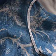 Buddha Stones Blue Batik Butterfly Branch Bird Ramie Three Quarter Sleeve Tee T-shirt 7