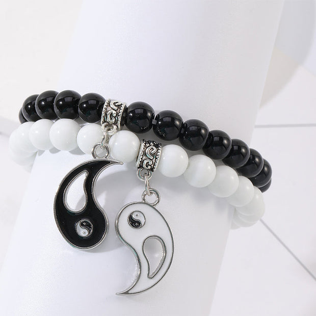 Buddha Stones 2Pcs Black Onyx White Turquoise Bead Yin Yang Protection Couple Bracelet Bracelet BS 4